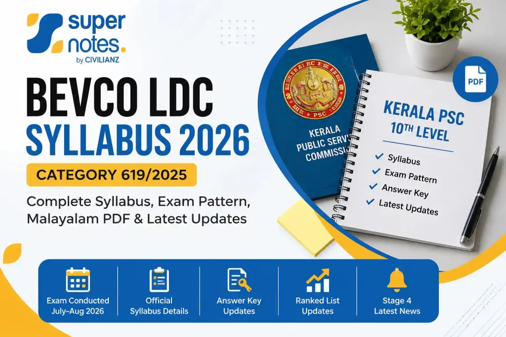 BEVCO LDC 2026 – Kerala PSC exam date, salary, syllabus, eligibility and preparation guide | Super Notes by Civilianz