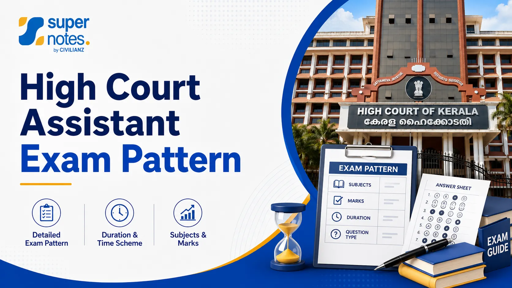 Blog highlight image for High Court Assistant Exam Pattern 2026 with Kerala High Court background, exam guide, answer sheet, duration, subjects, and marks details.