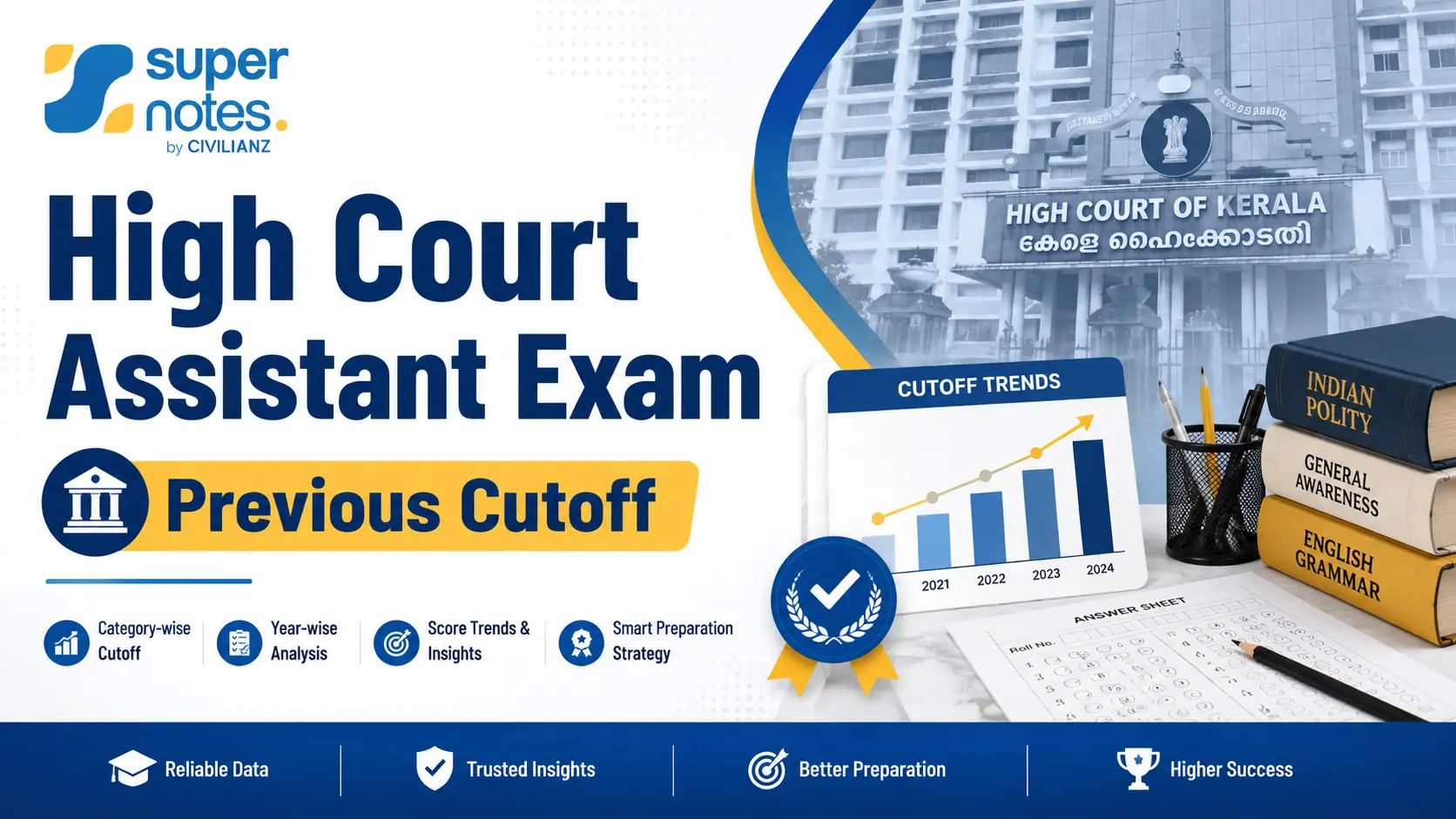Super Notes blog highlight image for “High Court Assistant Exam: Previous Cutoff,” featuring the Kerala High Court building, cutoff trends chart, study materials, and exam-related icons in a blue and yellow theme.