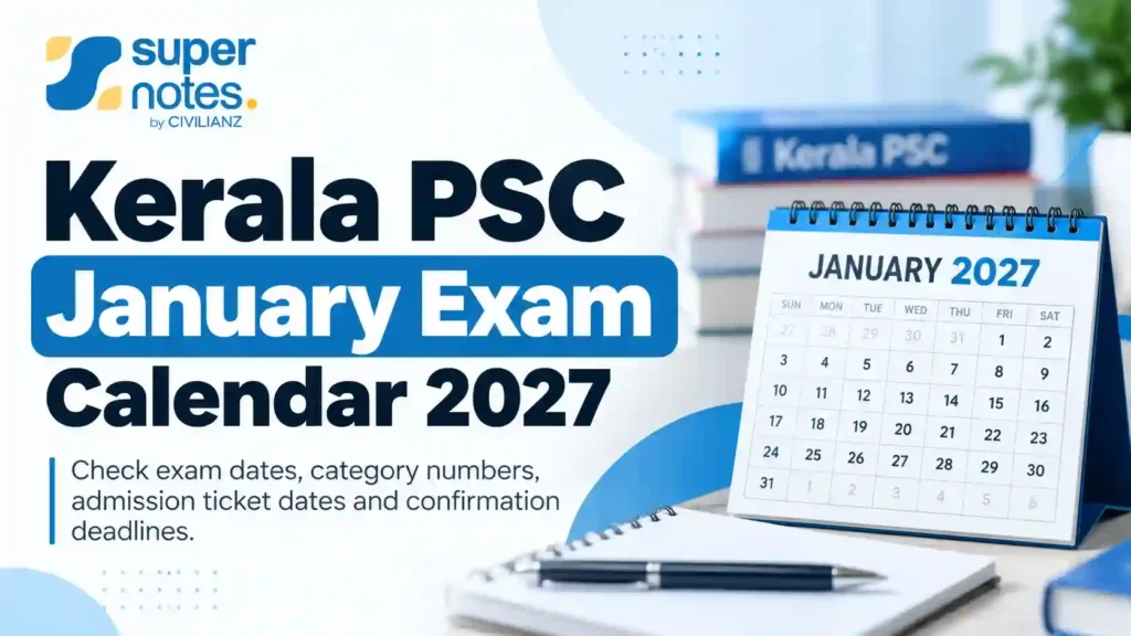 Kerala PSC January Exam Calendar 2027 featuring the January exam schedule, category numbers, admission ticket dates and confirmation deadlines.